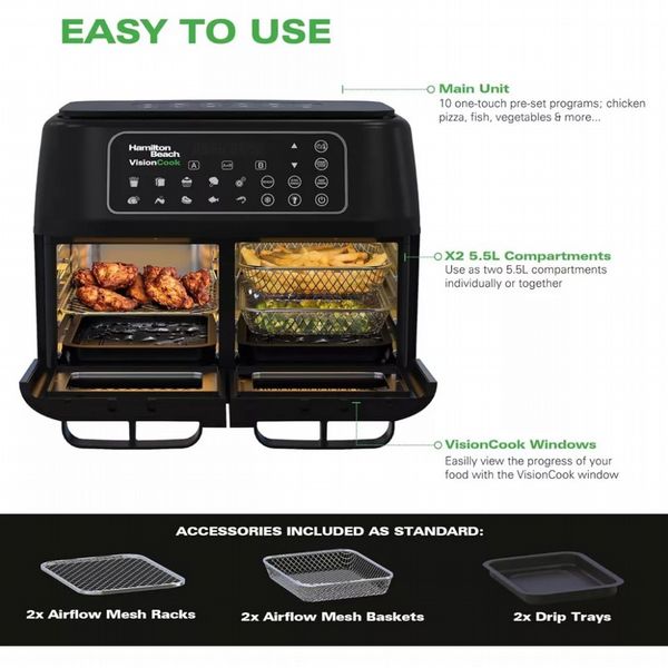 Hamilton Beach Visioncook Dual Airfryer, Digital Airfryer Oven - 11L