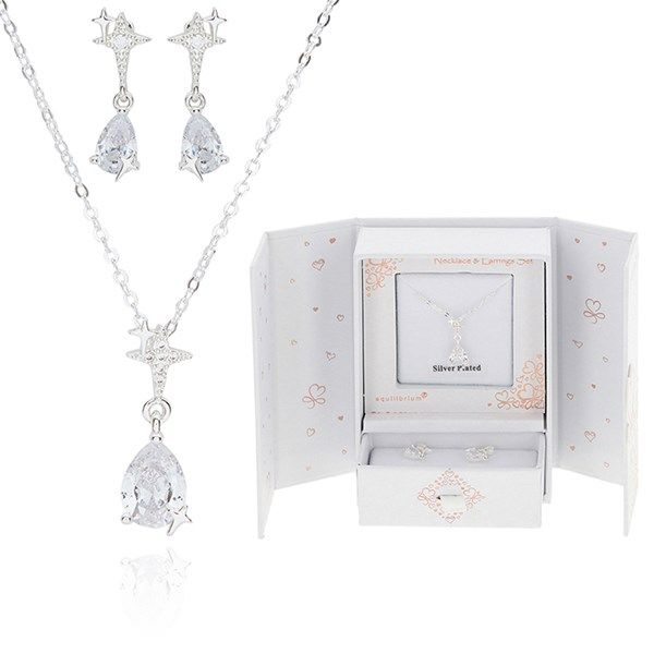 Equilibrium Gift Set Silver Plated Sparkle Star Necklace & Earrings
