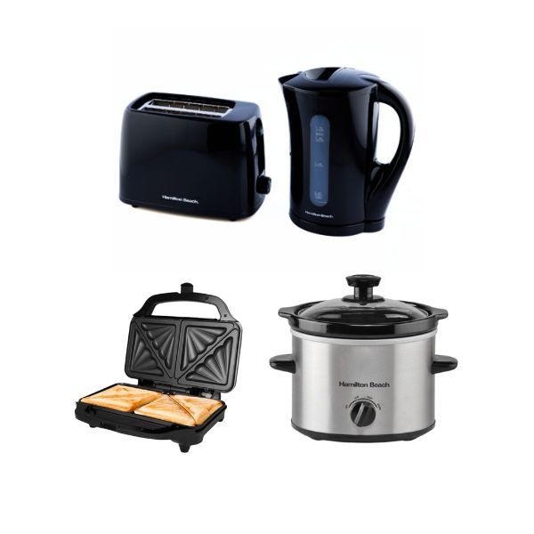  Hamilton Beach Essential Kettle, 2 Slot Toaster, Deep Fill Sandwich Toaster & 1.8L Slow Cooker -...
