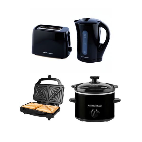  Hamilton Beach Essential Kettle, 2 Slot Toaster, Deep Fill Sandwich Toaster & 1.8L Slow Cooker -...